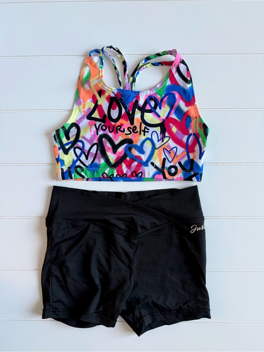 Dance Set Multicolor Graffiti-Print Sports Bra with Black Shorts